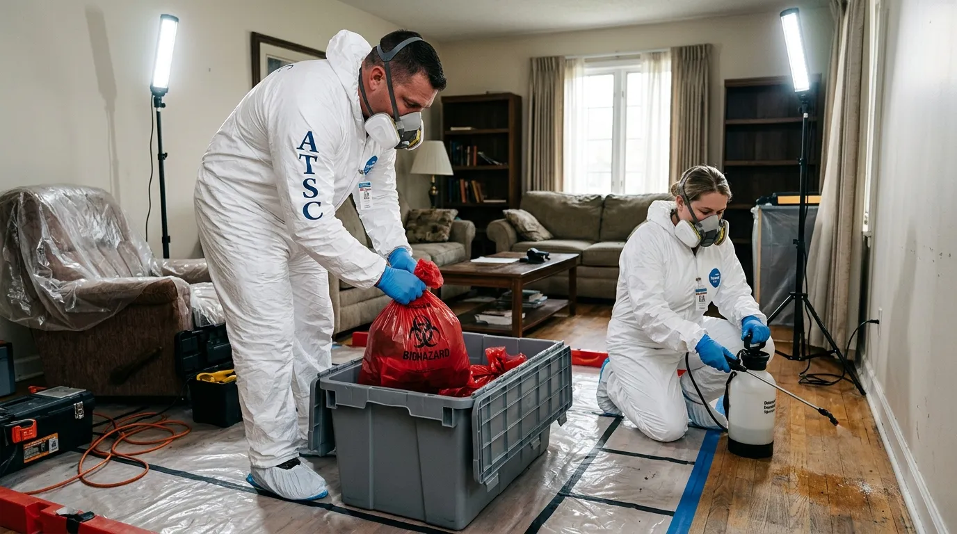 Professional Hoarding Cleanup technician in full PPE working in Shiloh